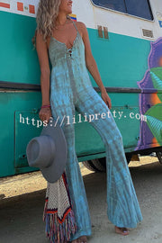 Lilipretty Amelie Tie-dye Print Front Lace-up Stretch Flare Jumpsuit
