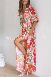 Lilipretty Del Mare Floral Puff Sleeve Front Cutout High Low Maxi Dress