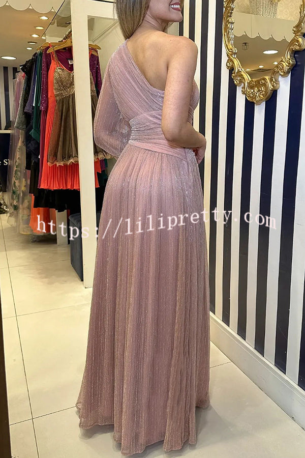 Lilipretty Concert Chic Pleated Shiny Fabric One Shoulder Cutout Maxi Dress