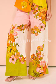 Lilipretty Martini Linen Blend Creative Flowers Elastic Waist Pocketed Wide Leg Pants