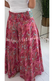 Lilipretty Ethnic Paisley Print Elastic Patchwork Waist Pocketed Lightweight Pants