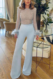 Lilipretty Ready for Vegas Feather Detail Trim Sequin Jumpsuit