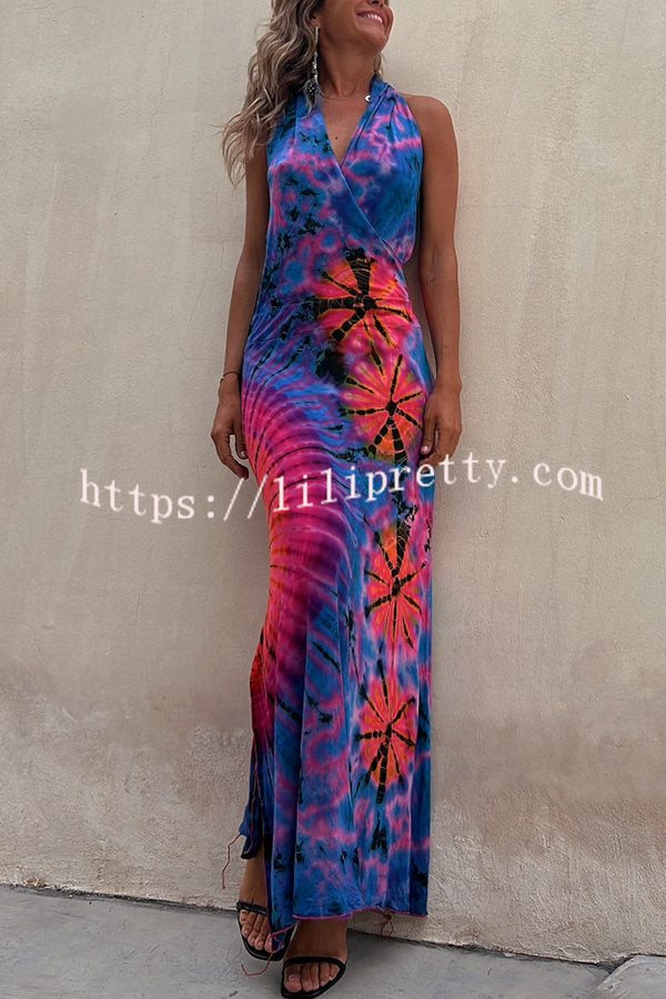 Krista Tie-dye Print Halter Backless Stretch Maxi Dress – lilipretty