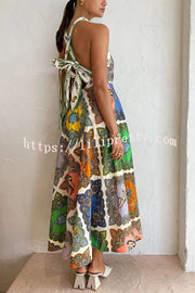 Lilipretty Ocean Legend Linen Blend Mermaid Print Halter Tie-up Midi Dress