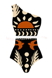 Lilipretty Abstract Art Birds and Sun Print Color Block High Waist Bikini And Skirt