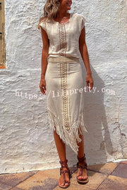 Lilipretty Chill Style Linen Blend Ethnic Print Wrap Tassel Midi Skirt