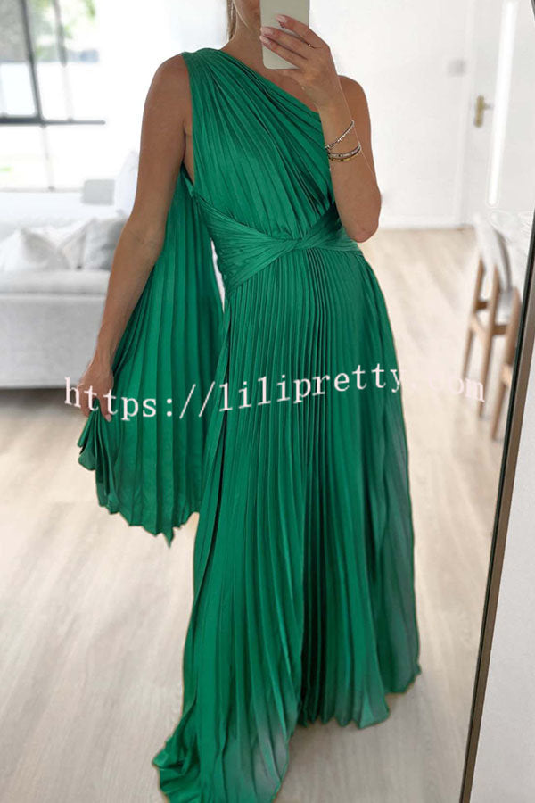 Lilipretty Keira One Shoulder Pleated Satin Maxi Dress