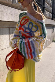 Lilipretty Sunset Cosy Knit Rainbow Contrast Striped Hollow Out Loose Sweater