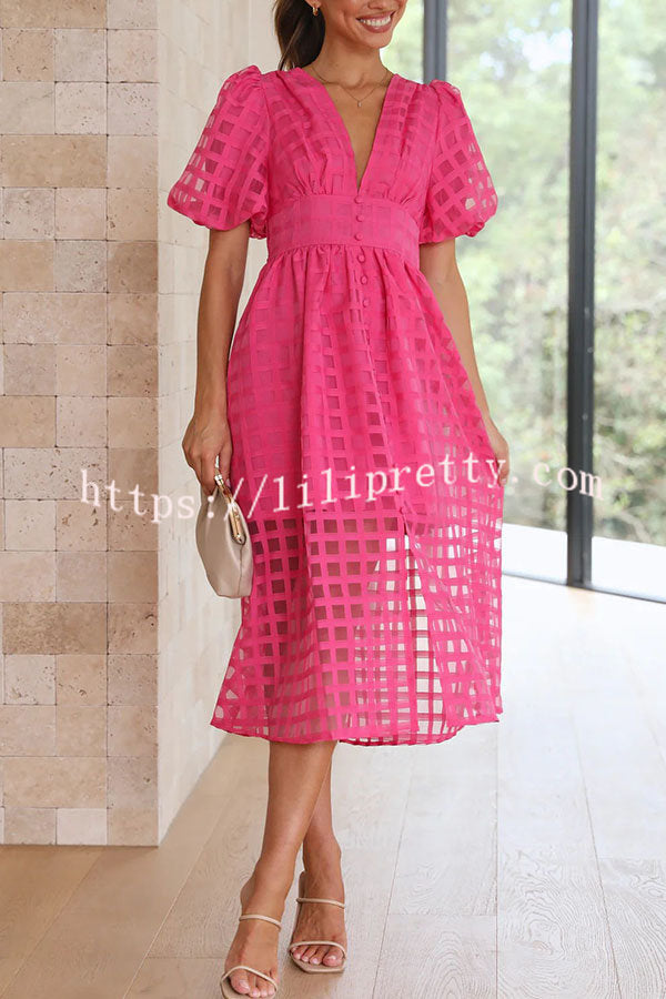 Lilipretty Remarkable Beauty Square Patterned Fabric Puff Sleeve Midi Dress