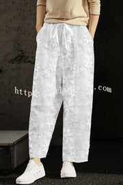 Wishing for It  Cotton Linen Patchwork Flower Elastic Waist Pocketed Pants