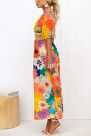 Lilipretty Floral Frenzy Printed Puff Sleeve Back Smocked Maxi Dress
