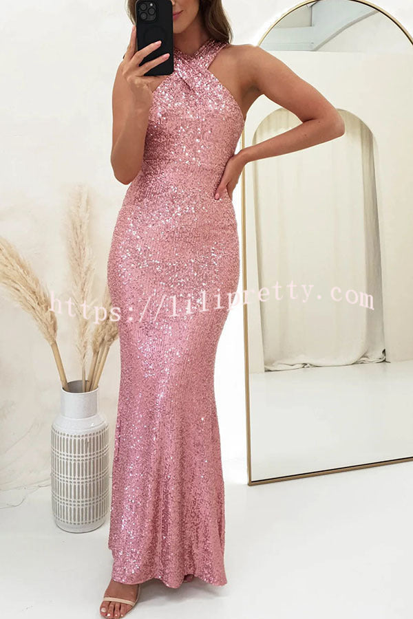 Lilipretty Time To Sparkle Sequin Cross Halter Neck Backless Maxi Dress