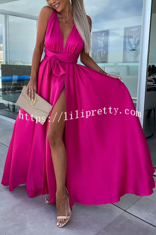 Lilipretty Different Elegant Effects Satin Free Tie Neck Slit Maxi Dress
