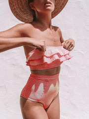 Lilipretty Flounce Sleeve Bandeau Stripe Swimsuit