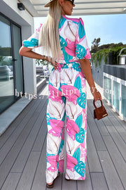 Lilipretty Sunny Beach Tropical Print Tie-up Top and Pocketed Elastic Waist Pants Set