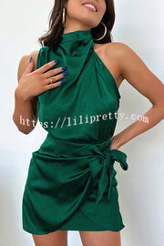 Lilipretty Hollywood Dreams Satin High Neck Wrap Mini Dress