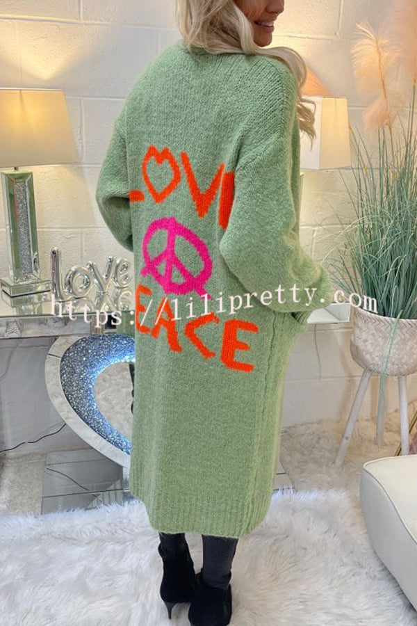 Lilipretty Neon Love Peace Chunky Knit Pocket Straight Midi Cardigan