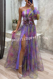 Picturesque Beauty Tulle Floral Pleated One Shoulder Sleeve Slit Maxi Dress