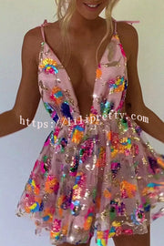 Lilipretty V Neck Open Back Sequined Floral Tie A Line Mini Dress