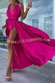 Different Elegant Effects Satin Free Tie Neck Slit Maxi Dress
