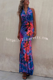 Lilipretty Krista Tie-dye Print Halter Backless Stretch Maxi Dress