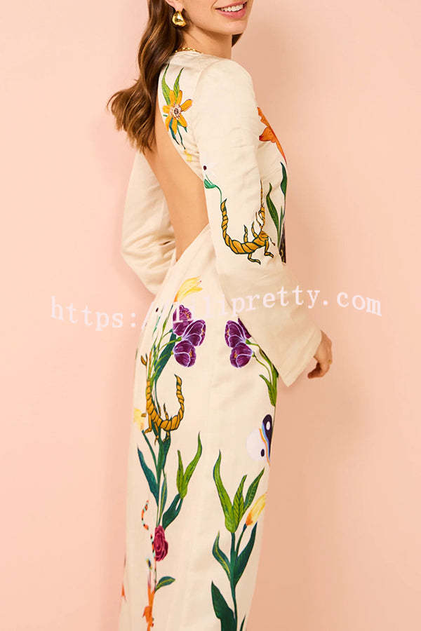 Modern Sophisticated Feel Satin Unique Print Backless Maxi Dress