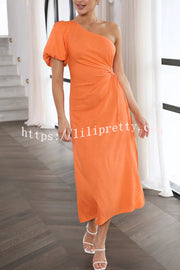 Lilipretty Sweet Emotions One Shoulder Puff Sleeve Cutout Midi Dress