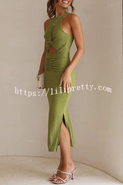 Lilipretty Crushing All Night Ribbed Front Cut Out Ruched Stretch Midi Dress