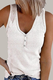 Lilipretty Solid V Neck Buttons Sleeveless Top
