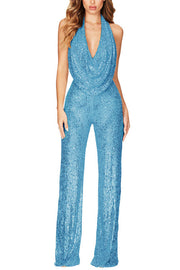 Lilipretty Shimmering Halter Style Drape Neck Wide Leg Jumpsuit for Home Coming Party