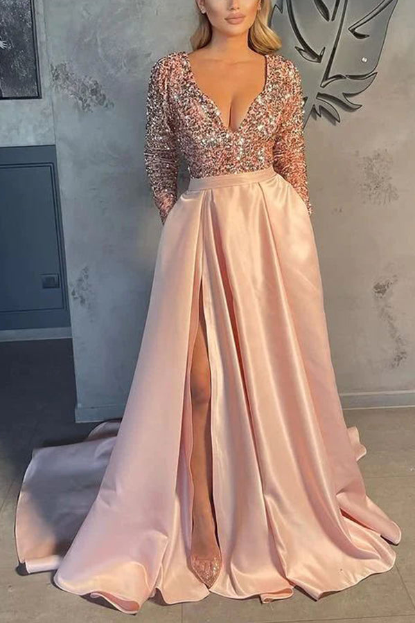 Lilipretty Gorgeous Long Sleeves V-Neck Sequins Satin Prom Dress