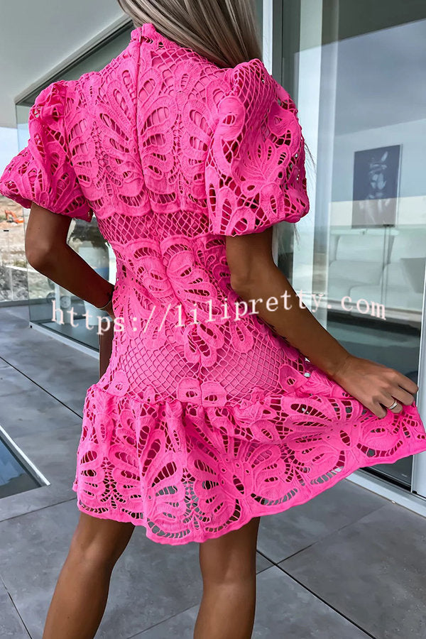 Lilipretty Ever So Sweet Crochet Lace Puff Sleeve Mini Dress