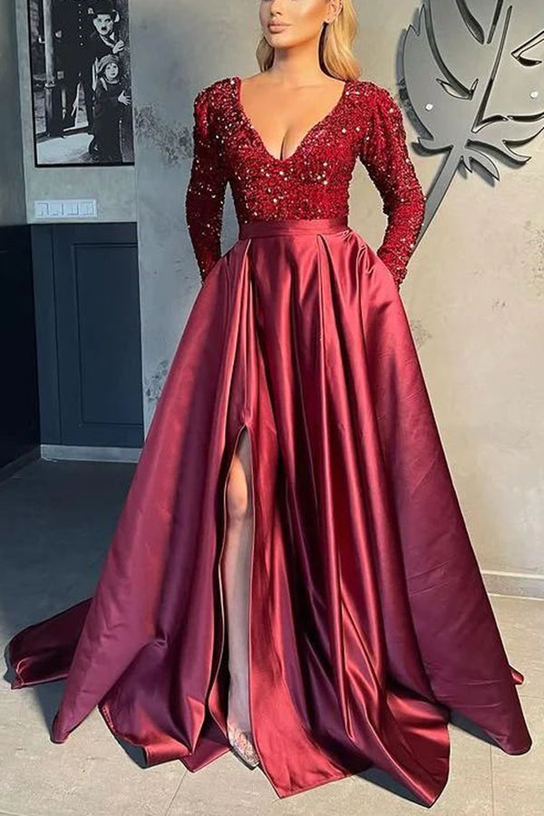 Lilipretty Gorgeous Long Sleeves V-Neck Sequins Satin Prom Dress