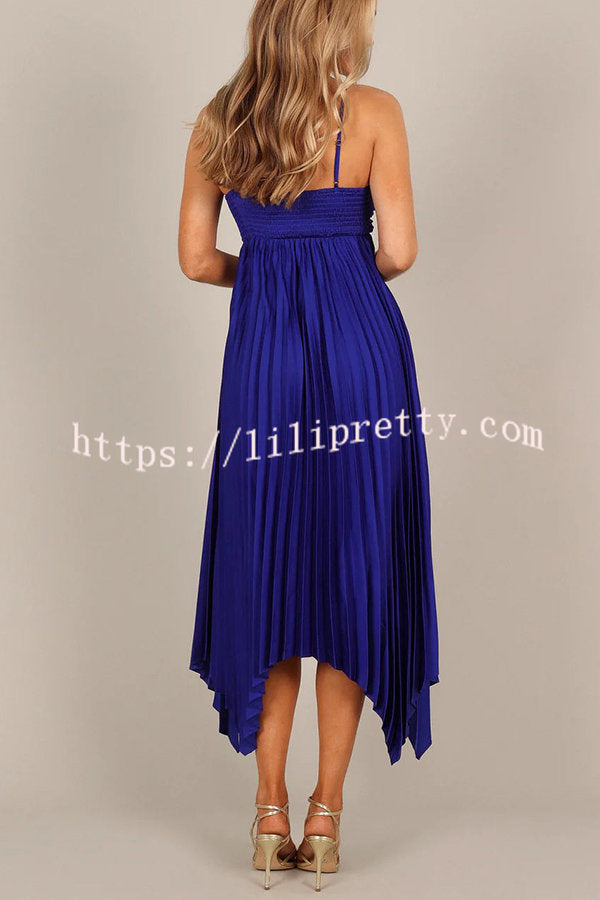 Lilipretty Kali Metallic Satin Asymmetrical Hemline Pleated A-line Midi Dress