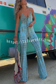 Lilipretty Amelie Tie-dye Print Front Lace-up Stretch Flare Jumpsuit