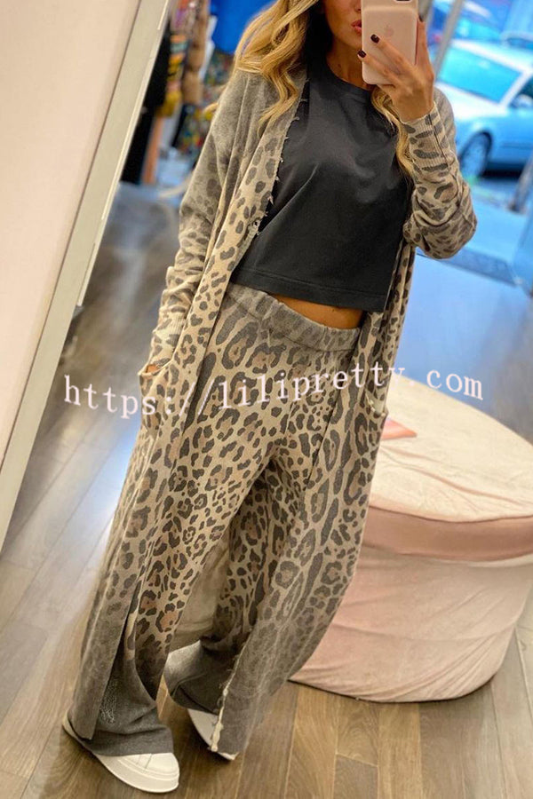 Lilipretty Comfort first Leopard Print Pocket Long Sleeve Cardigan Elastic Waist Pants Set