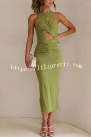 Lilipretty Crushing All Night Ribbed Front Cut Out Ruched Stretch Midi Dress