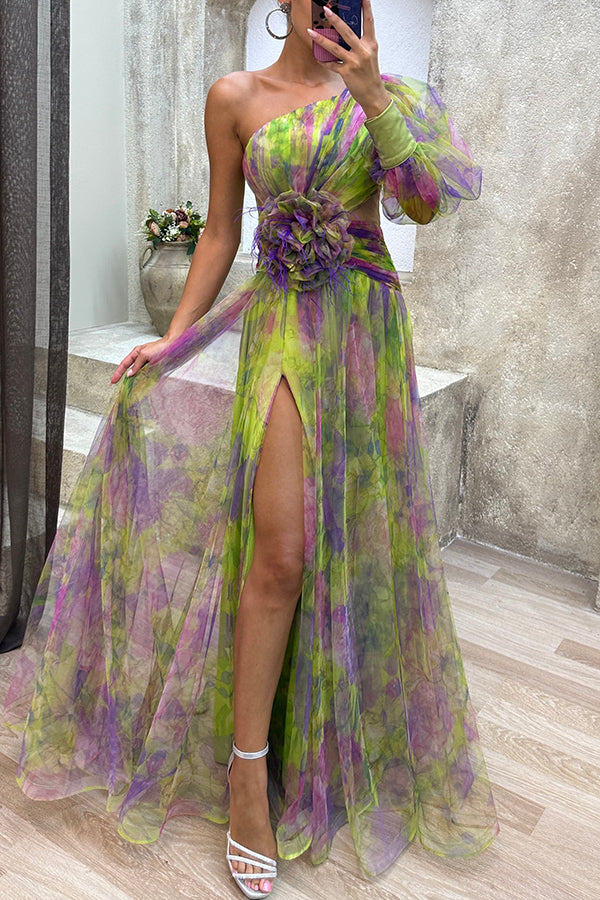 Picturesque Beauty Tulle Floral Pleated One Shoulder Sleeve