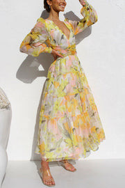 Lilipretty Olena Abstract Floral Balloon Sleeves Maxi Dress