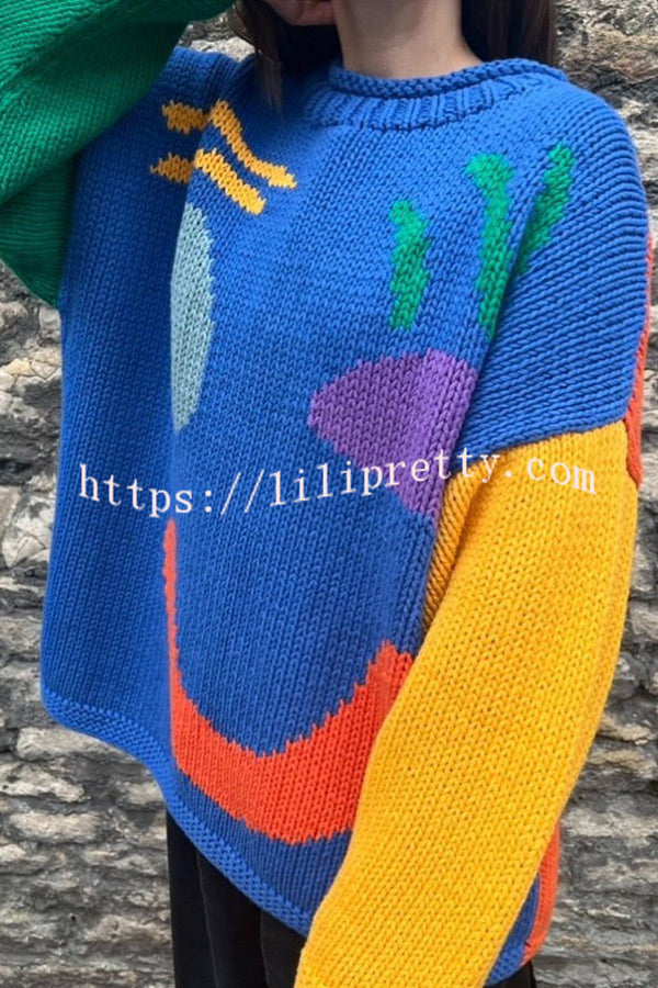 Lilipretty Feel Good Knit Colorful Smiley Face Loose Pullover Sweater