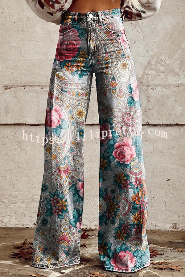Casual Floral Print Button Pocket Wide Leg Pants