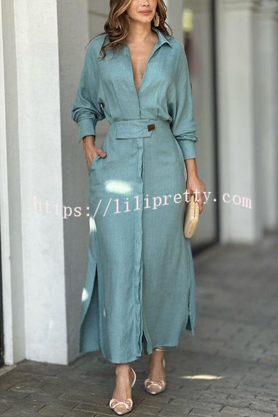 Lilipretty Know Your Worth Linen Blend Pocketed Slit Shirt Midi Dress