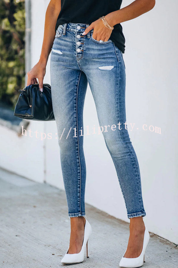 Lilipretty Slim-fit Ripped Multi-button Jeans