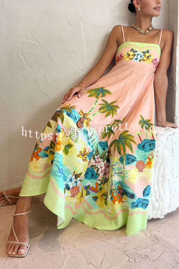 Lilipretty Coconut Scenery Linen Blend Tropical Print Smocked Back Midi Dress