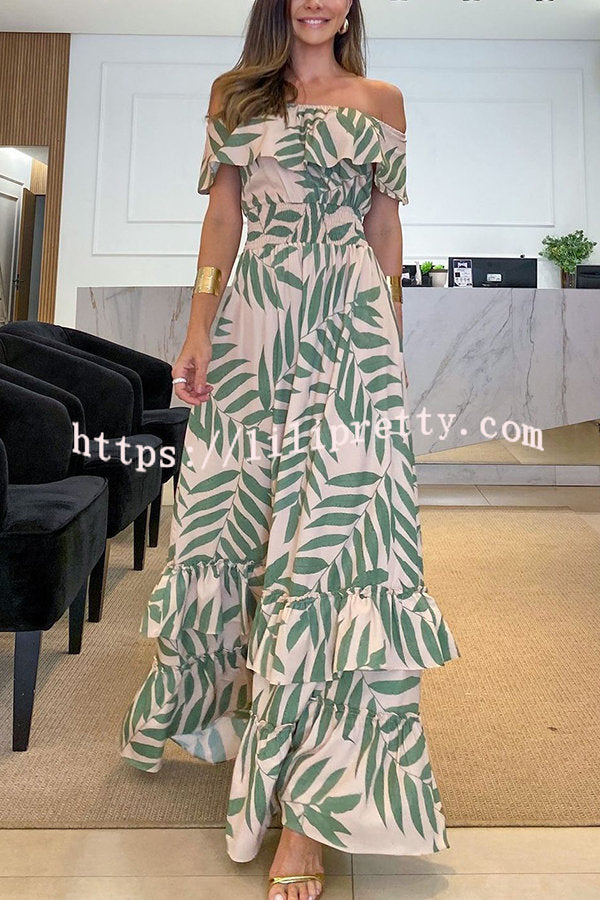 Lilipretty Plant Smiles Printed Off Shoulder Elastic Waist Maxi Dress