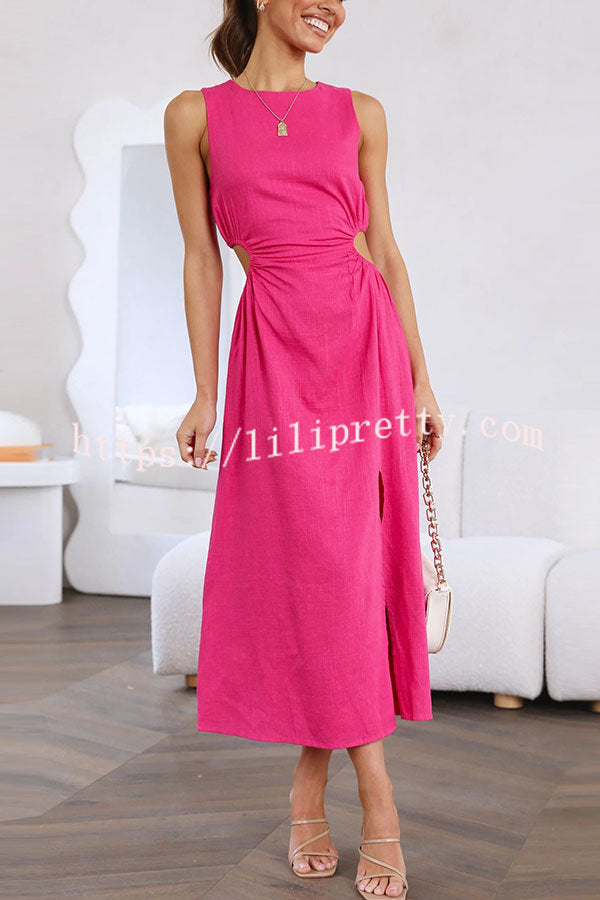 Lilipretty Smile for You Linen Blend Cutout Waist Slit Midi Dress