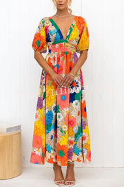 Lilipretty Floral Frenzy Printed Puff Sleeve Back Smocked Maxi Dress