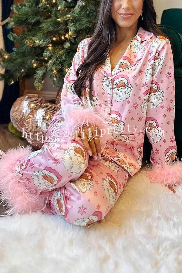 LIlipretty Besties Printed Feather Trim Elastic Waist Pocketed Pajama Set (Best Gift for the Christmas Holiday)
