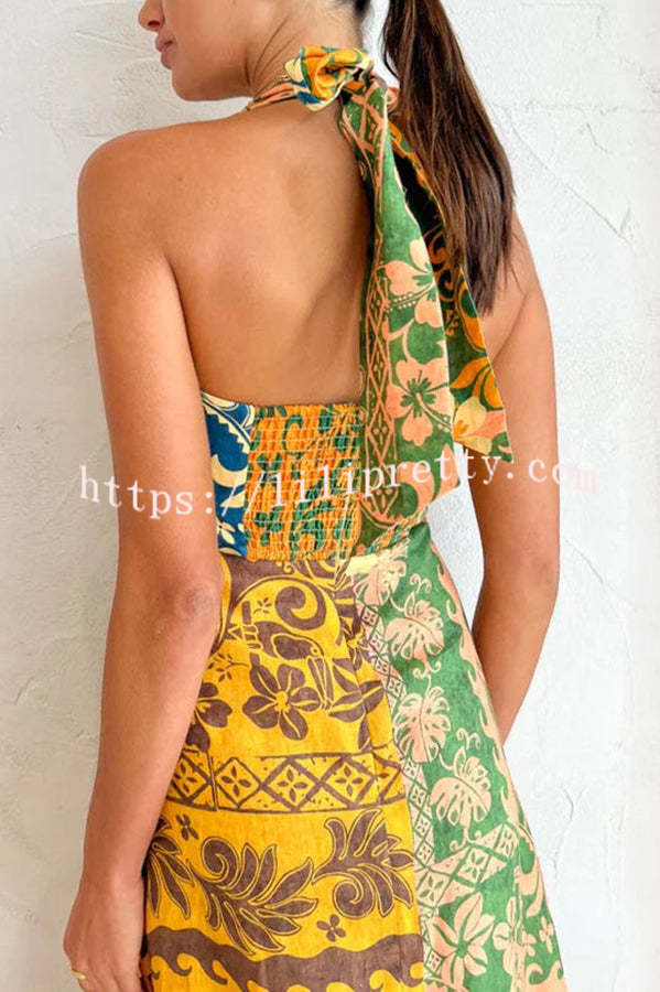 Lilipretty Colorful Dating Linen Blend Printed Cutout Back Smocked Halter Midi Dress