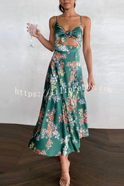 Lilipretty Dreamers Satin Floral Tie Up Slit Midi Dress